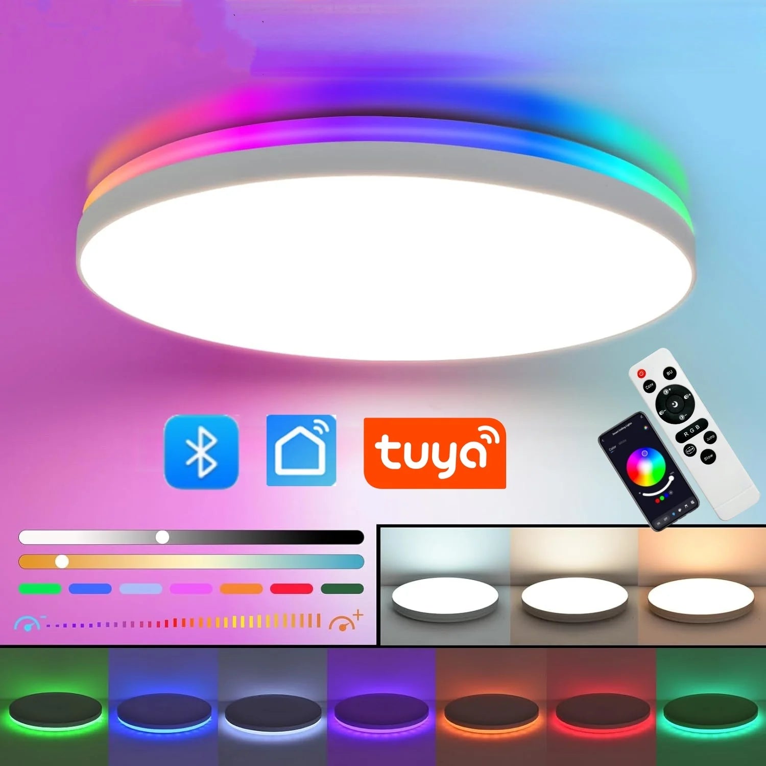 LED Smart Tuya Ceiling Lamp with RGB Bbacklight Bluetooth APP Remote Control Dimming Living Room Bedroom Ambient Ceiling Light