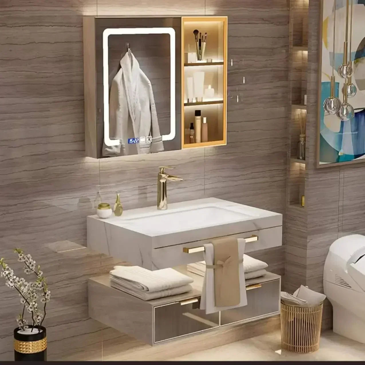 Modern Slate Bathroom Cabinet with Double Washbasin Smart Mirror Ceramic Bathroom Vanity Cabinets Under Sink Bathroom Furniture