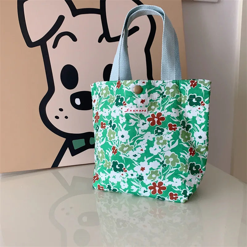 Women's Beauty Flower Canvas Bag Outside Shopping Toiletry Phone Oagnzier Storage Bags Korean Cloth Handbags Lunch Box Bento Bag
