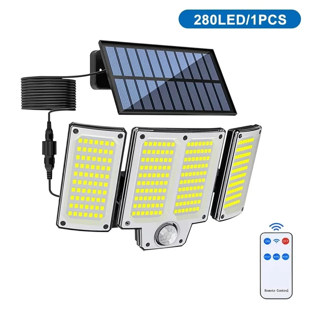 Solar Motion Sensor Lights with Remote,Outdoor Security Flood lights 3 Heads,3 Lighting Modes for Garden Camping 280 Leds-280LED