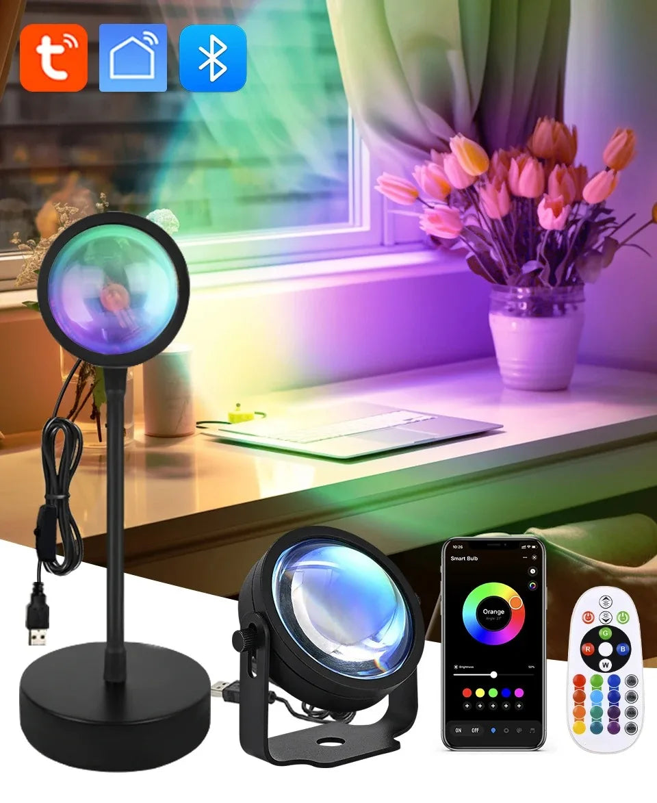 Smart LED Sunset Projector Lamp RGB Dimmable Atmosphere Light Tuya WiFi & IR Remote Control Ambient Lighting for Photography