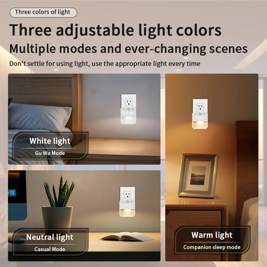 Motion Sensor LED Night Light with Time Display EU and US Socket Plug-in Wall Lamp Smart Sensing Light for Hallway Stair Bedroom