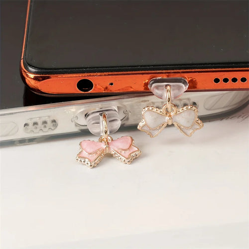 1pc Beautiful Pink and White Bowknot Phone Dust Plug for iPhone/Type-C /Android Mobile Phone Pendant Accessories Gift for Lovers