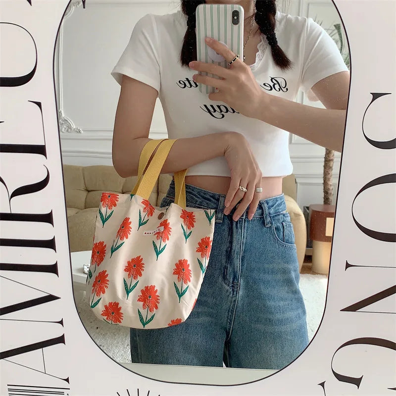 Women's Beauty Flower Canvas Bag Outside Shopping Toiletry Phone Oagnzier Storage Bags Korean Cloth Handbags Lunch Box Bento Bag