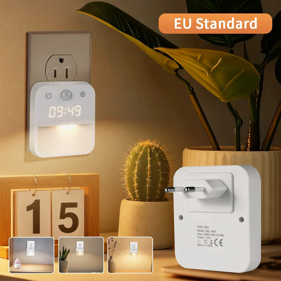 Motion Sensor LED Night Light with Time Display EU and US Socket Plug-in Wall Lamp Smart Sensing Light for Hallway Stair Bedroom