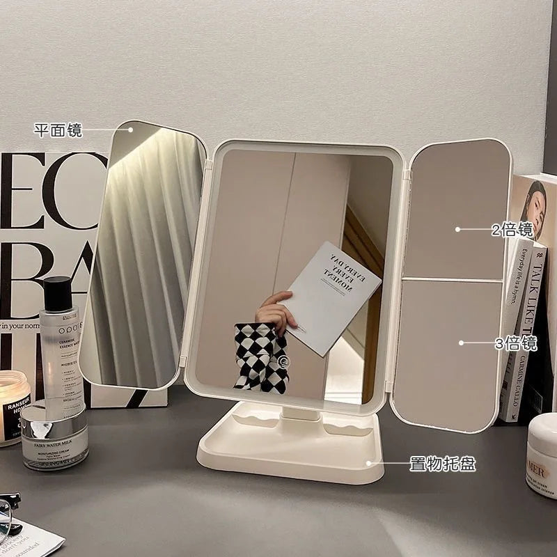 Smart LED Makeup Mirror 270° Rotatable Tri-Fold Vanity Mirror Touch Screen Dimmable Rechargeable Beauty Mirror for Desktop