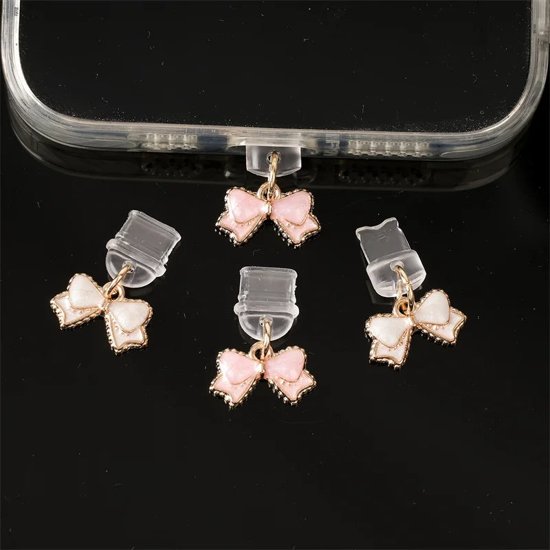 1pc Beautiful Pink and White Bowknot Phone Dust Plug for iPhone/Type-C /Android Mobile Phone Pendant Accessories Gift for Lovers