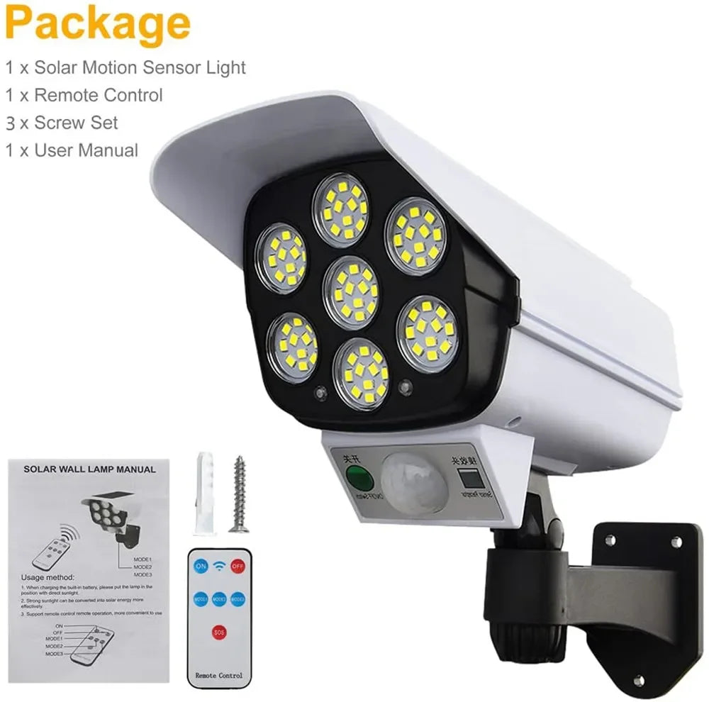 Outdoor Solar Light Motion Sensor Security Dummy Camera Wireless Flood Light IP65 Waterproof 77 LED Lamp 3 Mode For Home Garden
