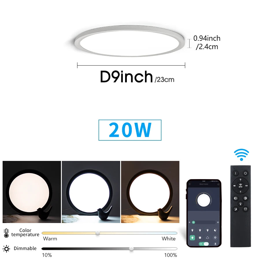 Smart Ceiling Lights 0.94 Inch Remote APP Control Ultra Thin Dimmable Modern Round LED Ceiling Lamp Bedroom Dining Room Kitchen