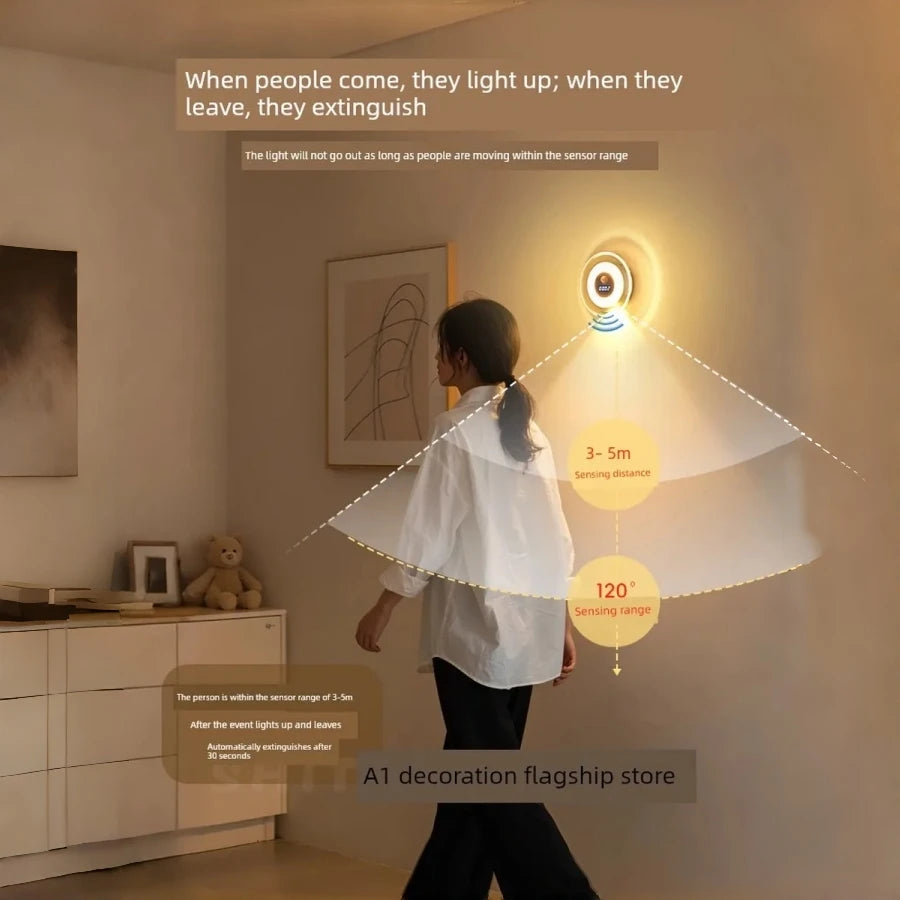 Smart LED Motion Sensor Night Light with Clock 3 Color Stepless Dimming Hill Wall Lamp USB Rechargeable Bedroom Ambient Light