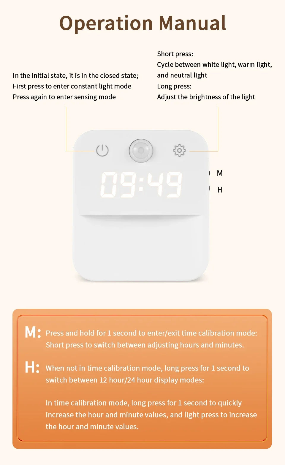 Motion Sensor LED Night Light with Time Display EU and US Socket Plug-in Wall Lamp Smart Sensing Light for Hallway Stair Bedroom