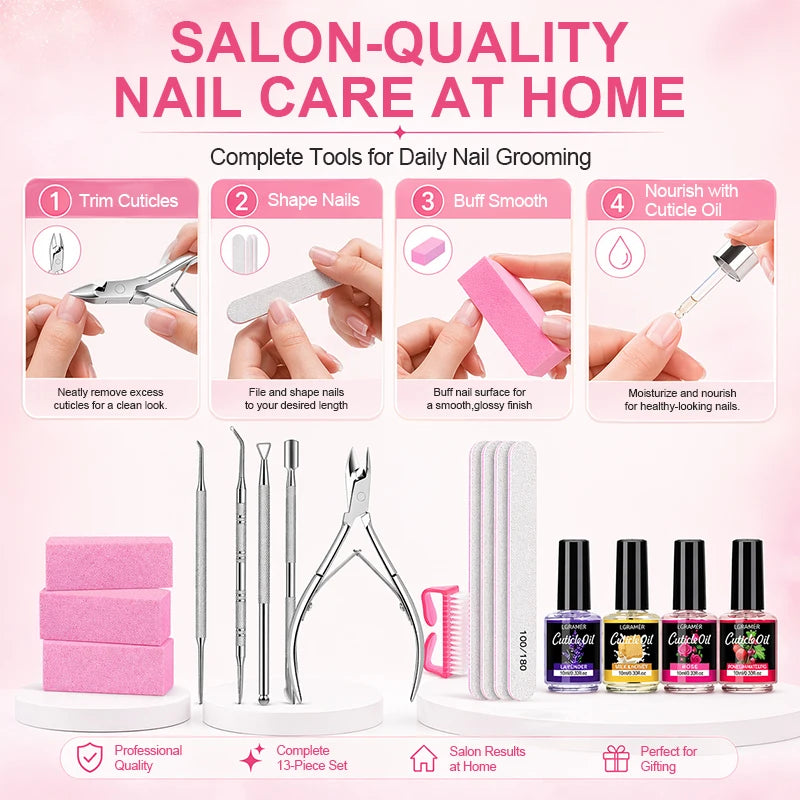 13Pcs Nail Files & Buffers,Manicure Tools Nail Care Kit with Nail File,Nail Buffer Block,Pusher Peeler,Cuticle Oil,Nail Prep Kit