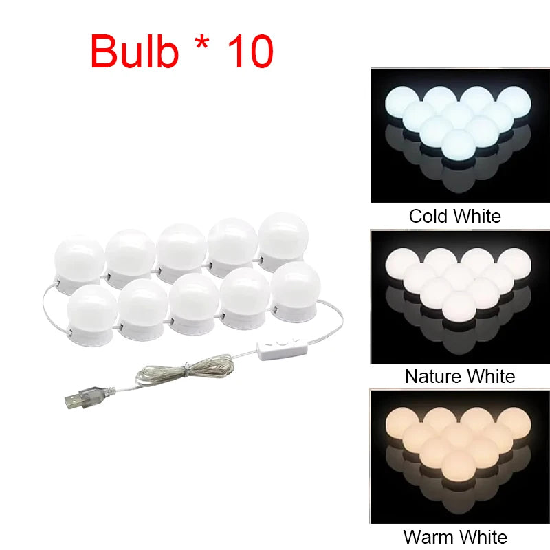 LED Mirror Makeup Mirror w/Lights,Detachable 10LED Bulbs,3 Color Dimmable Vanity Light,Touch Control,USB Powered,Dressing Table