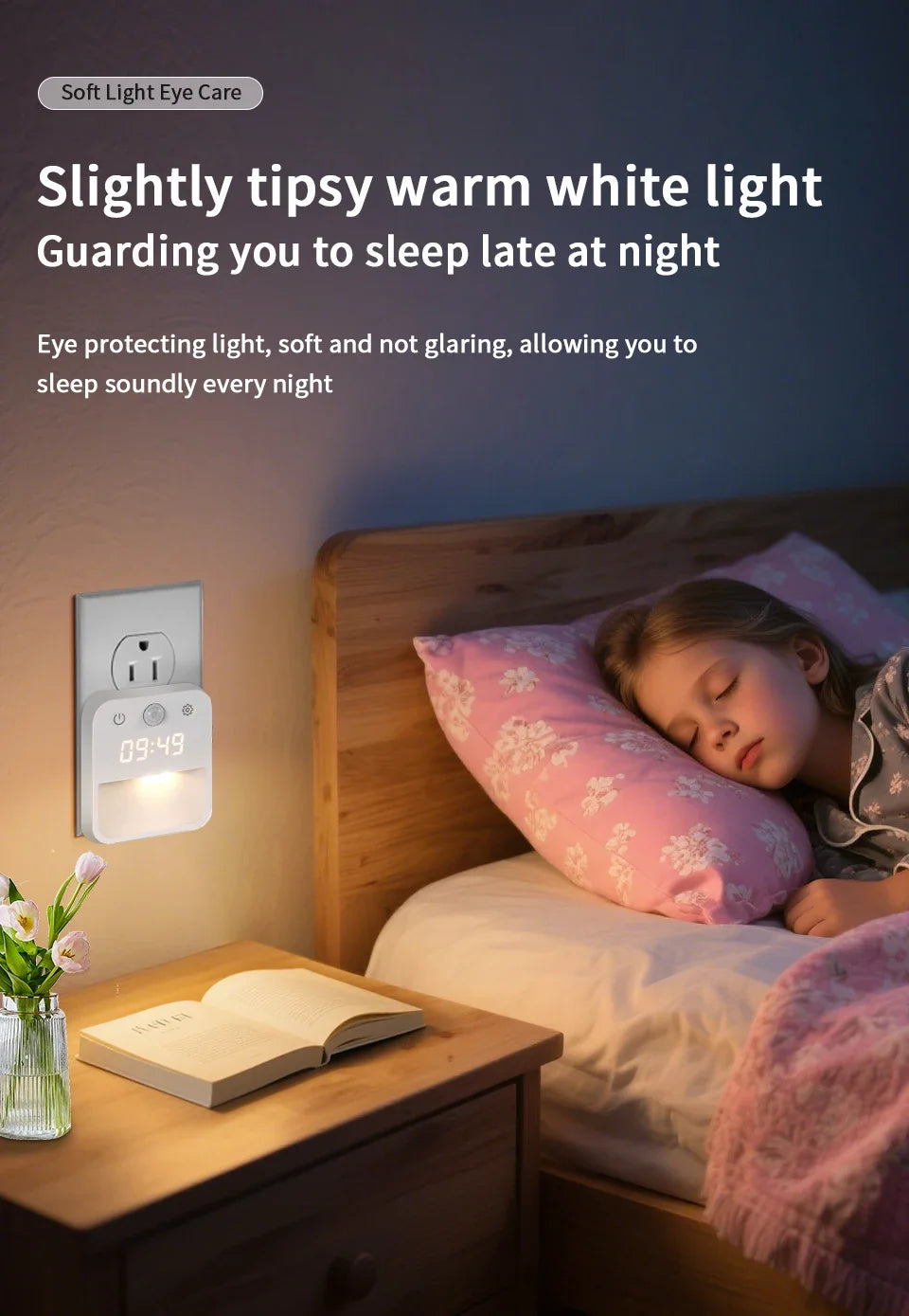 Motion Sensor LED Night Light with Time Display EU and US Socket Plug-in Wall Lamp Smart Sensing Light for Hallway Stair Bedroom