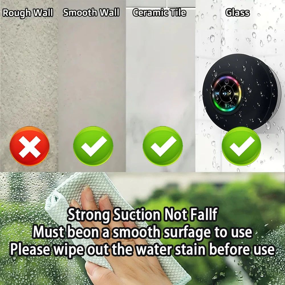 Portable Wireless Bluetooth Speaker with LED Light, IPX4 Waterproof, Strong Suction Cup, Mini Stereo Speaker for Outdoor & Bathr