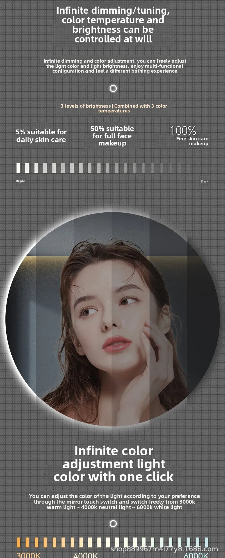 19 Inches Led Bathroom Anti-fog Luminous Makeup Sensor Wall Hanging Shower  Fashion Hotel Round Bathroom Mirror Intelligent