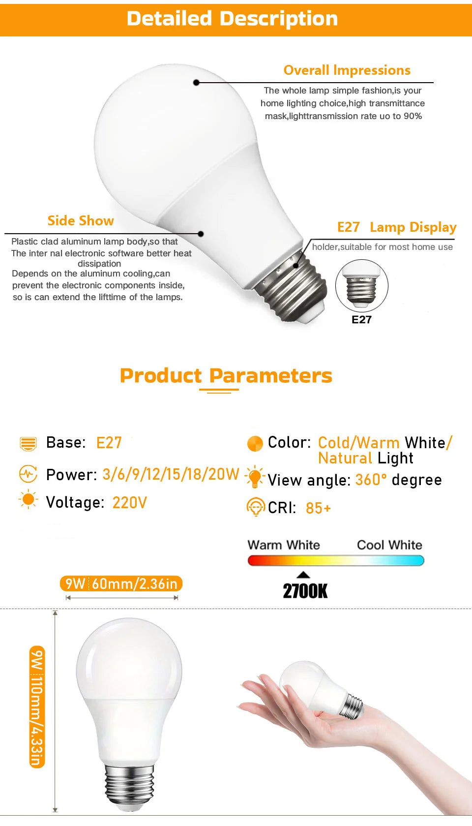 4PCS LED Bulb E27 AC220V 3W 6W 9W 12W 15W 18W 20W Indoor Lighting Low Energy Consumption Home Energy Saving LED Light Bulbs
