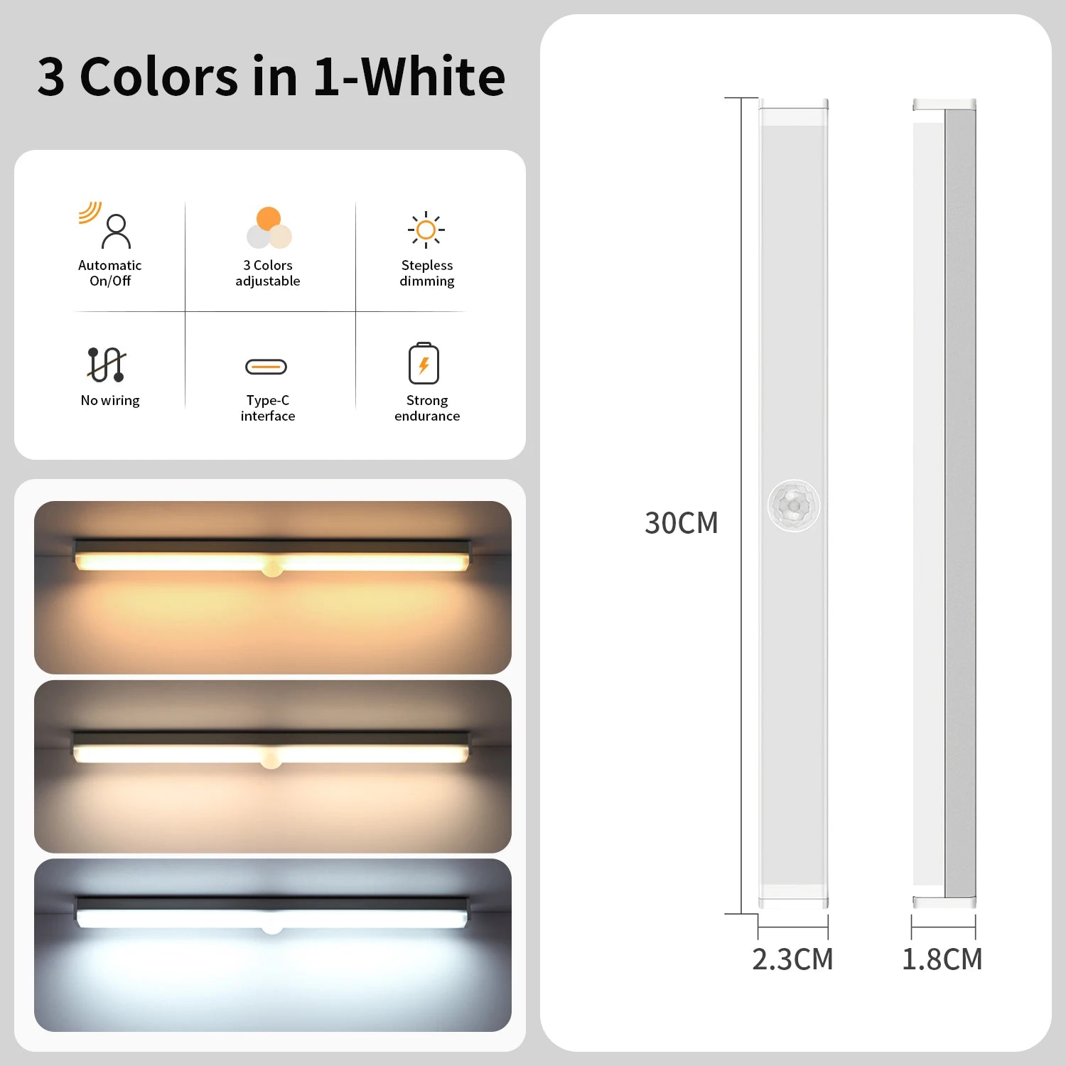 Motion Sensor Light Wireless USB Rechargeable Wall Lamp 3 Colors Dimming Kitchen Wardrobe Bedroom Closet Cabinet LED Lighting
