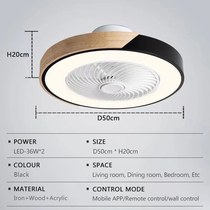 Smart LED Ceiling Fan with Light Wood Living Room Bedroom APP Remote Control 6 Speed Low Floor Electric Fan 52CM Fan Lighting