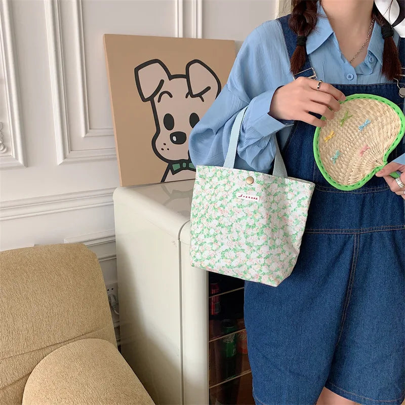 Women's Beauty Flower Canvas Bag Outside Shopping Toiletry Phone Oagnzier Storage Bags Korean Cloth Handbags Lunch Box Bento Bag