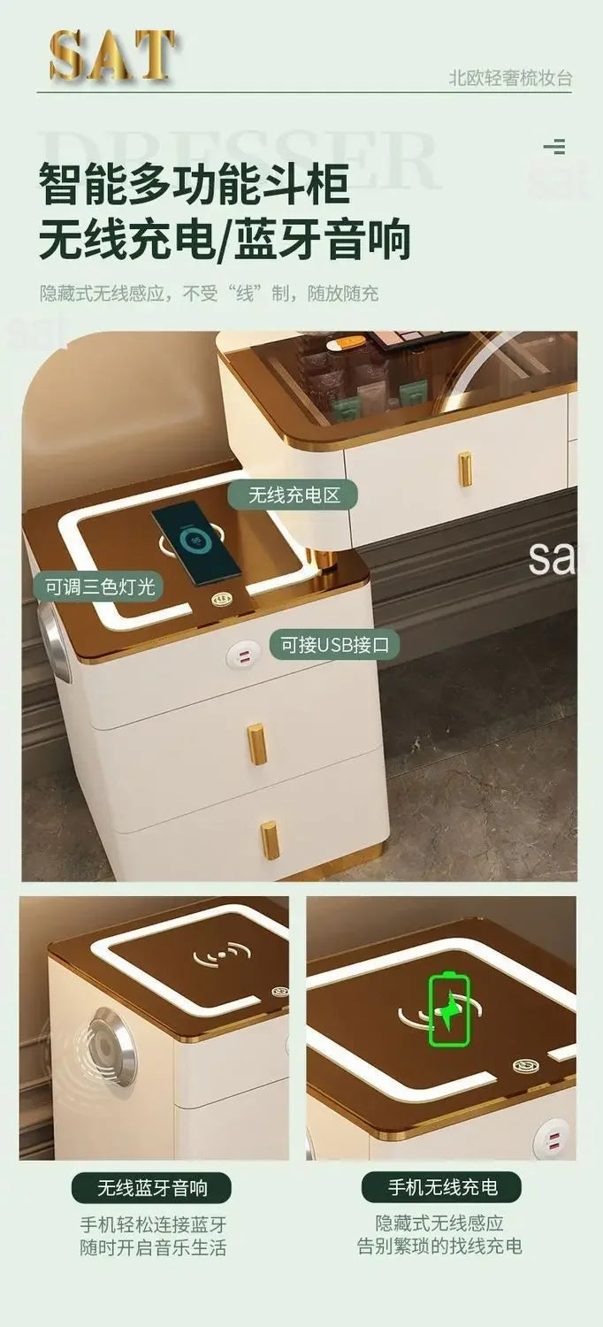 #Smart Bedroom Furniture Modern Simple Multi-functional Solid Wood Dressing Makeup Vanity Table With Wireless Charging