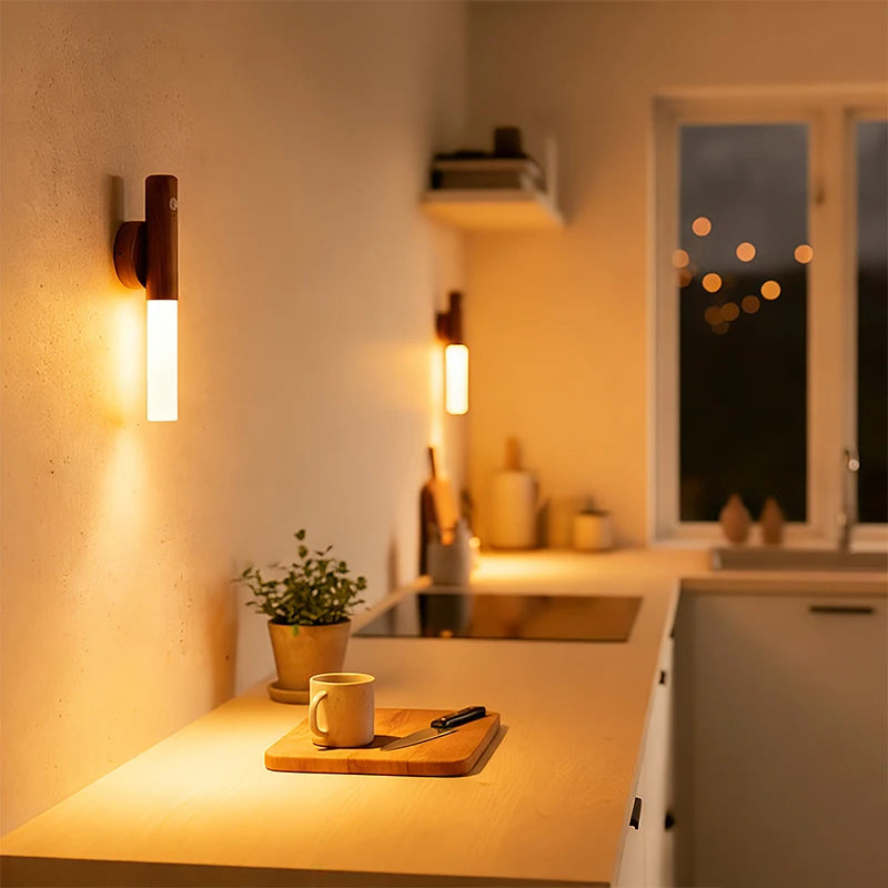 Motion Sensor Night Light USB Rechargeable Magnetic LED Wall Light for Indoor Wooden Wall Lamp Wardrobe Light Corridor Stairs