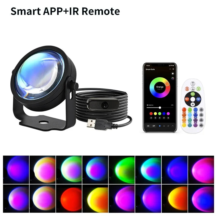 Smart LED Sunset Projector Lamp RGB Dimmable Atmosphere Light Tuya WiFi & IR Remote Control Ambient Lighting for Photography